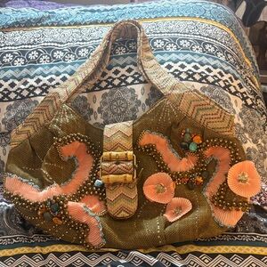 Mary Frances large burlap embellished handbag